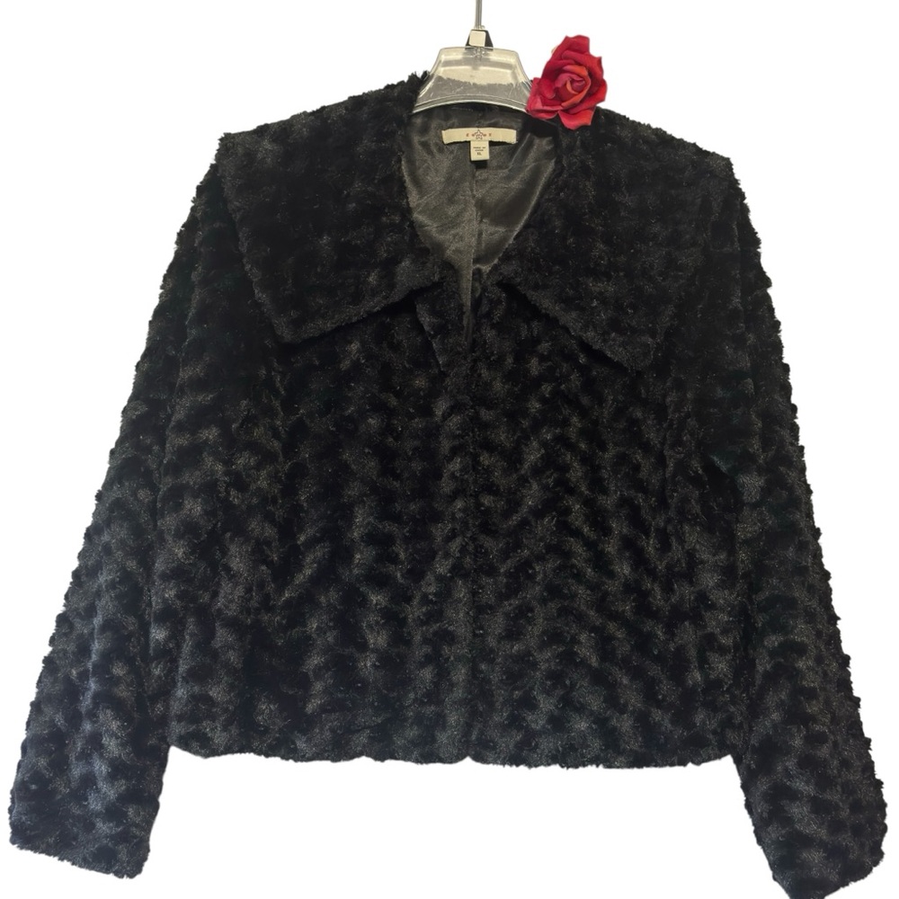 Fever Black Textured Popcorn Faux Fur Wide Collar Jacket XL